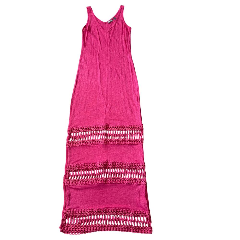 Pink Linen Crochet Knit Cutout Maxi Swim Coverup Dress Sz XS Vacation Resort